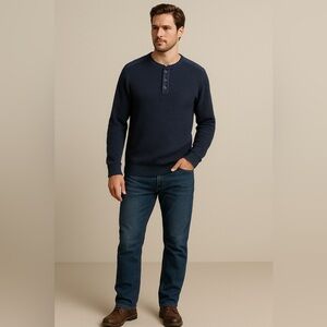 Legendary Whitetails Men’s XL Henley Waffle Knit Sweater Blue Elbow Patch Cotton